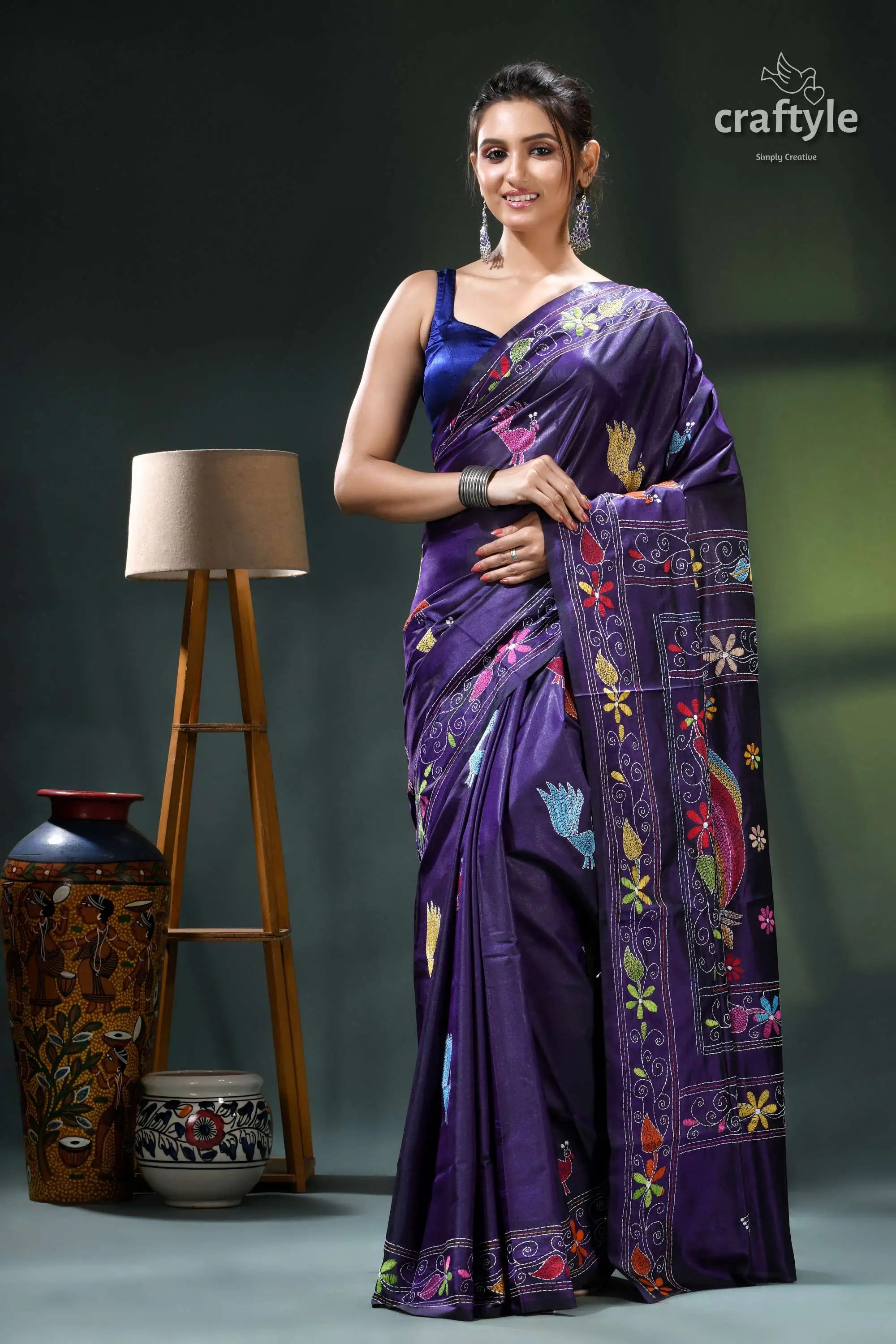 Multicolor peacock design silk kantha saree in jacarta blue purple floral saree intricate embroidery 1