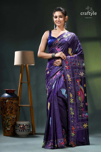 Multicolor peacock design silk kantha saree in jacarta blue purple floral saree intricate embroidery 1