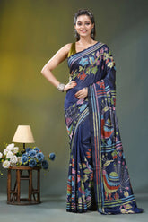 Multicolor peacock design silk kantha stitch saree in blue navy blue silk saree adorned 6