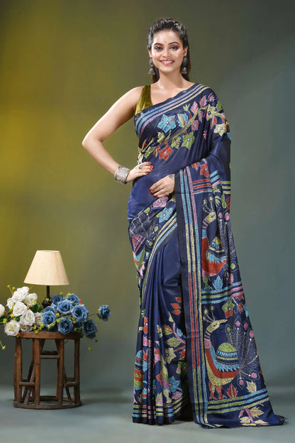 Multicolor peacock design silk kantha stitch saree in blue navy blue silk saree adorned 6