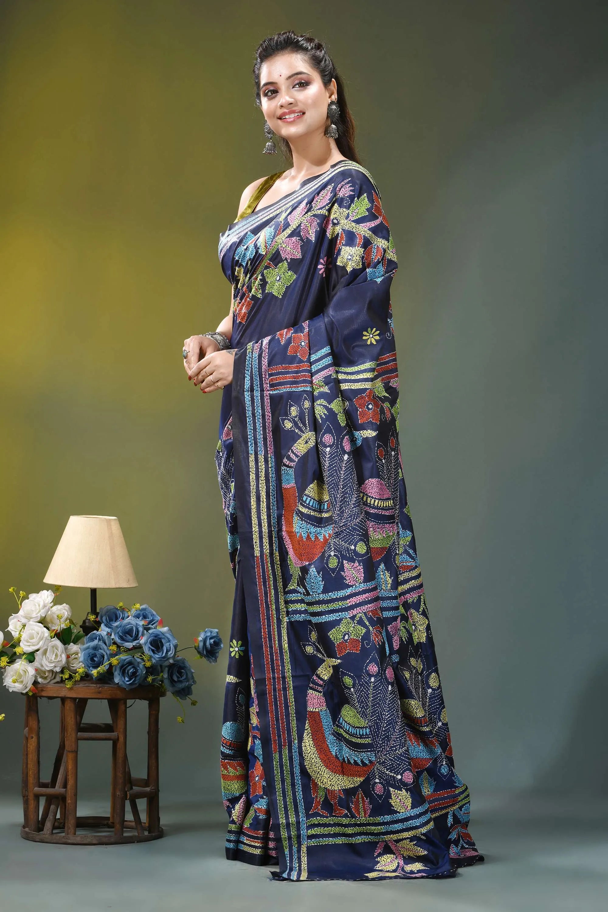 Multicolor peacock design silk kantha stitch saree in blue navy blue saree adorned vibrant 3