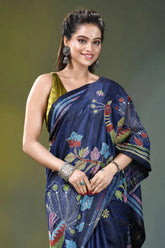 Multicolor peacock design silk kantha stitch saree in blue navy blue saree intricate colorful 2