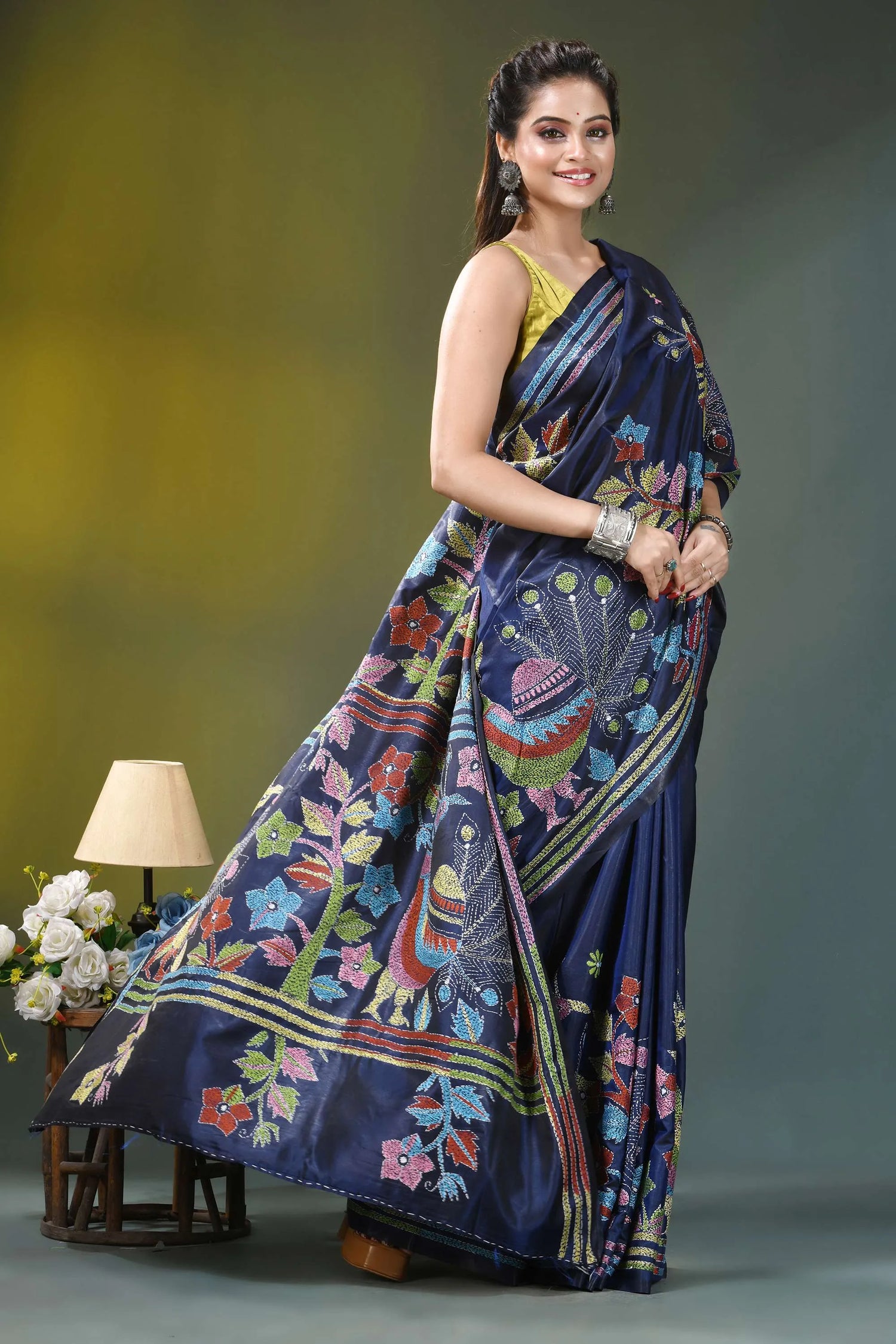 Multicolor peacock design silk kantha stitch saree in blue navy blue silk saree adorned 4