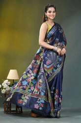 Multicolor peacock design silk kantha stitch saree in blue navy blue silk saree adorned 4
