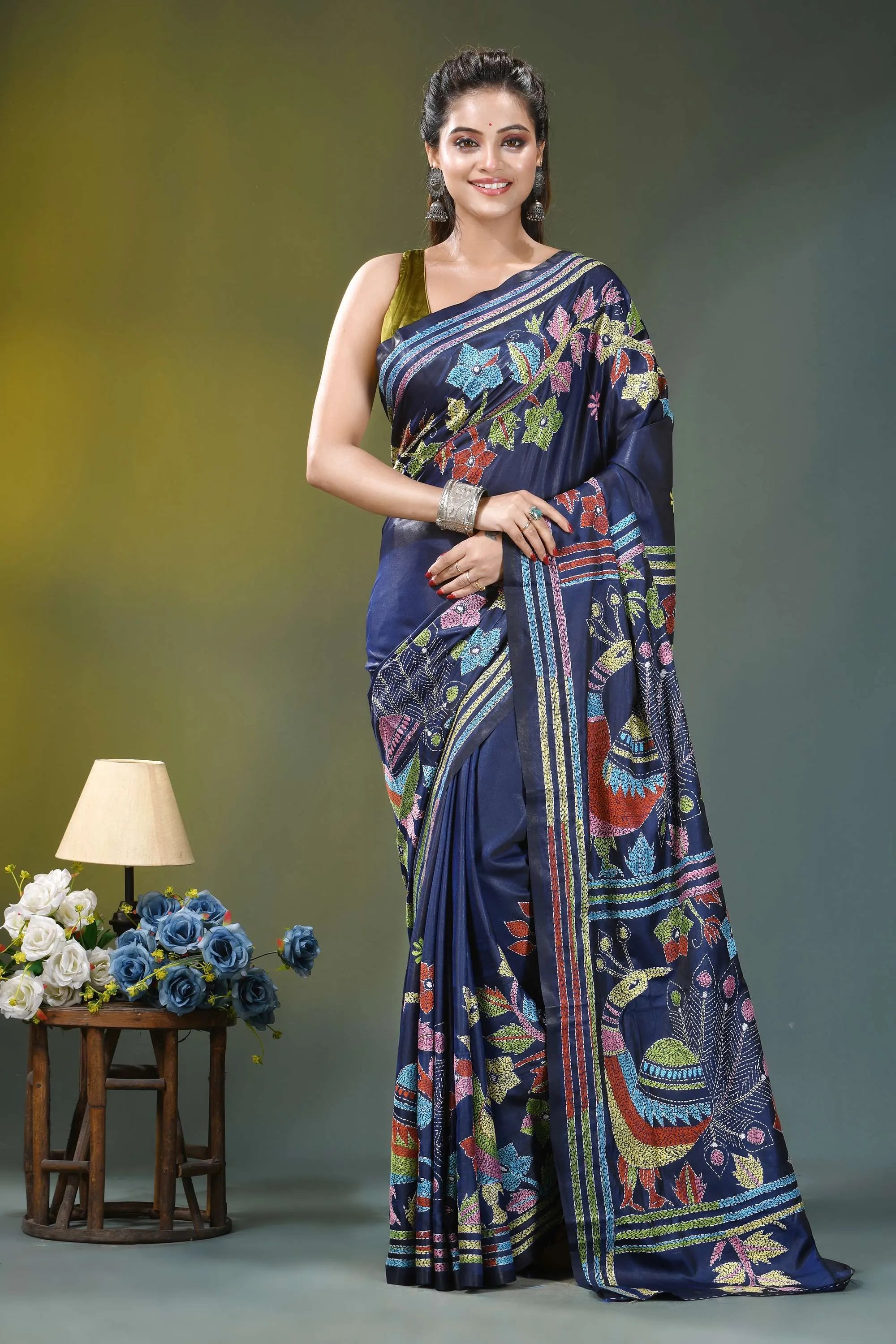 Multicolor peacock design silk kantha stitch saree in blue navy blue silk saree adorned 1