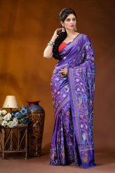 Multicolor peacock motif hand embroidered royal purple kantha silk saree woman wears vibrant purple silk 2