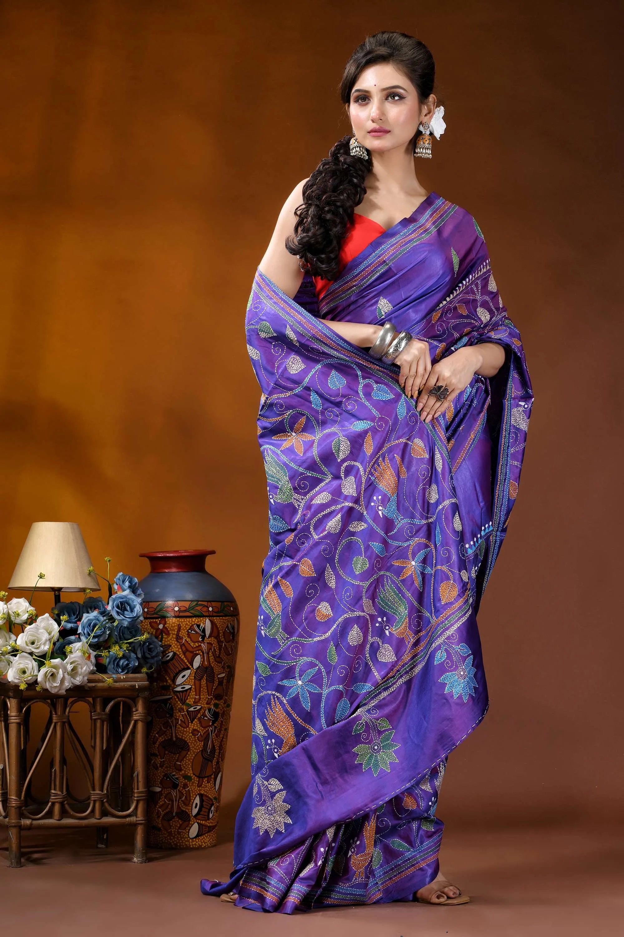 Multicolor peacock motif hand embroidered royal purple kantha silk saree vibrant purple silk saree adorned 4