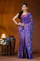 Multicolor peacock motif hand embroidered royal purple kantha silk saree richly embroidered purple silk saree 1