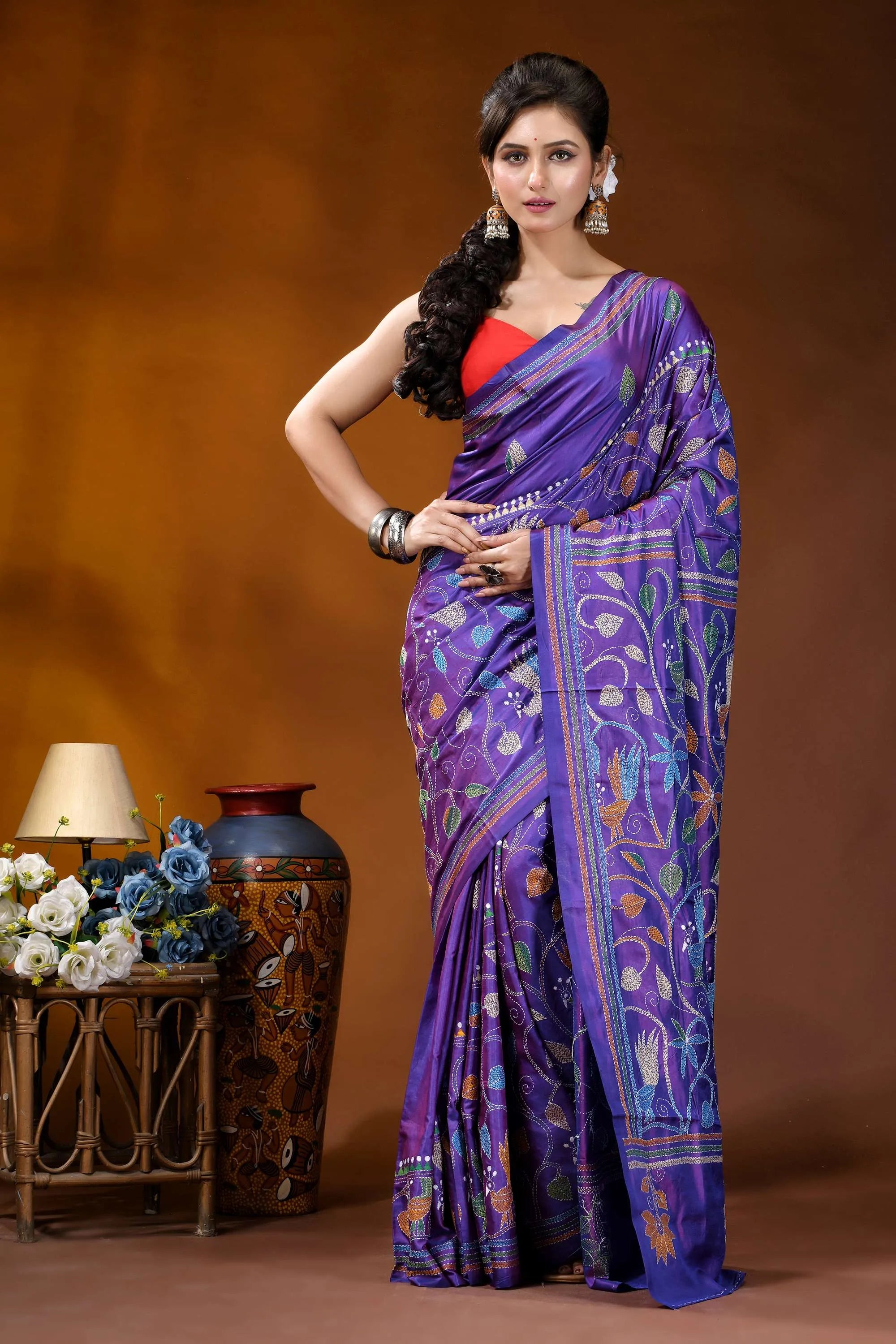 Multicolor peacock motif hand embroidered royal purple kantha silk saree richly embroidered purple silk saree 1