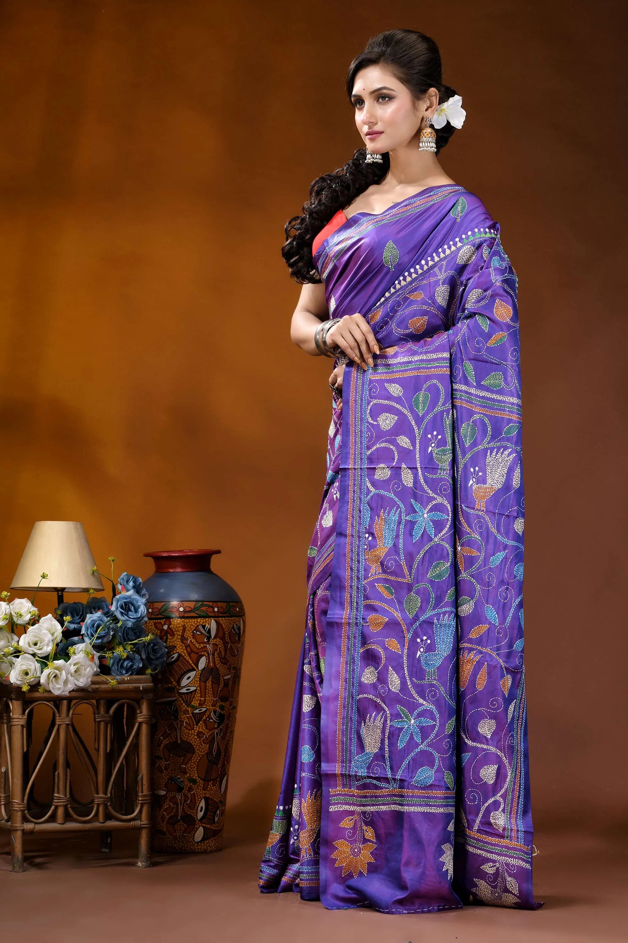 Multicolor peacock motif hand embroidered royal purple kantha silk saree purple silk saree intricate floral 3