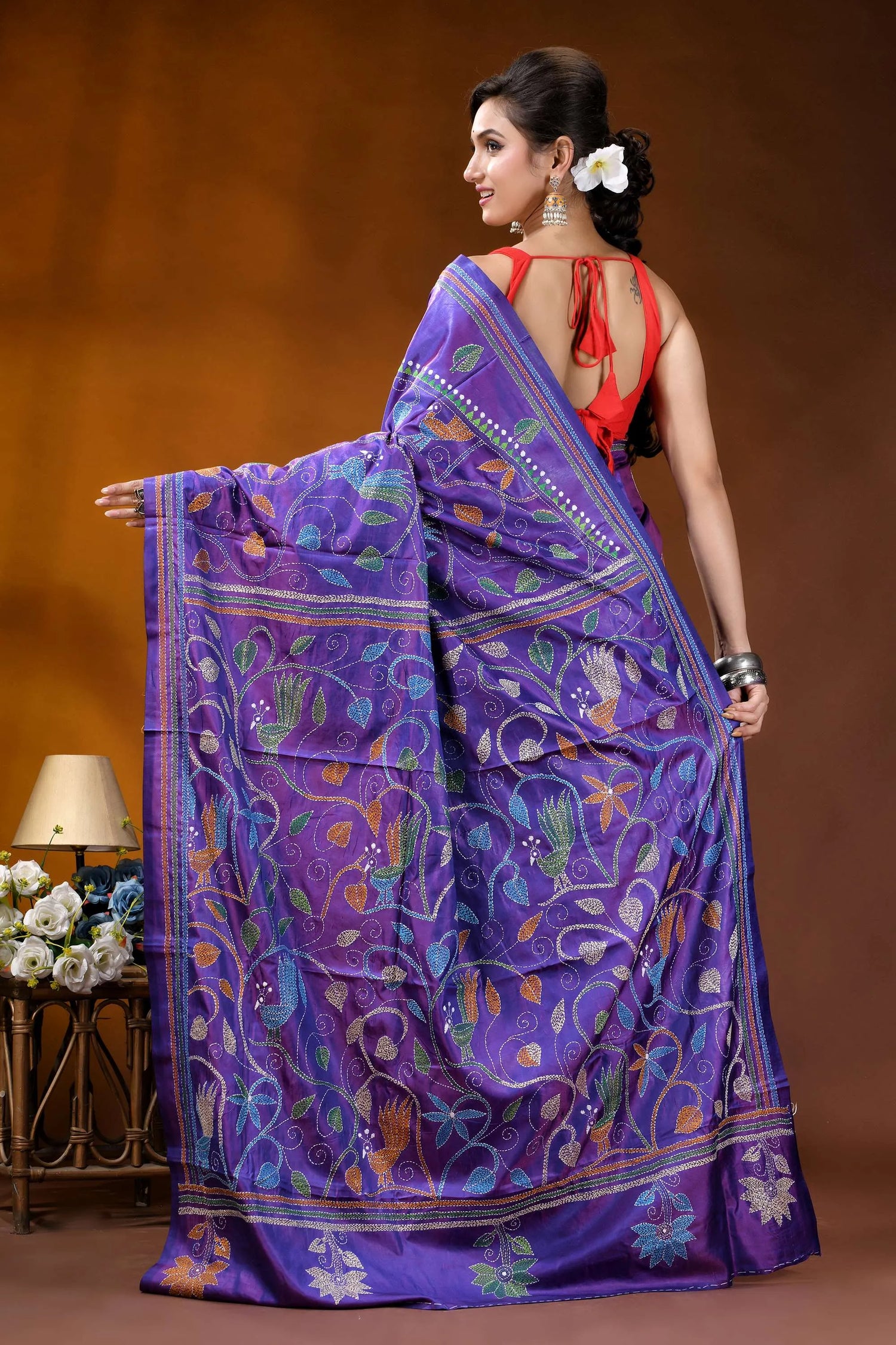Multicolor peacock motif hand embroidered royal purple kantha silk saree richly embroidered purple silk saree 6