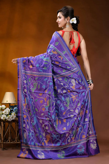 Multicolor peacock motif hand embroidered royal purple kantha silk saree richly embroidered purple silk saree 6