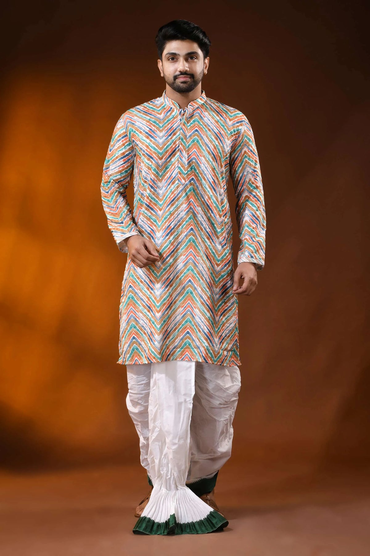 Multicolor pure cotton chikankari digital print kurta for men 1