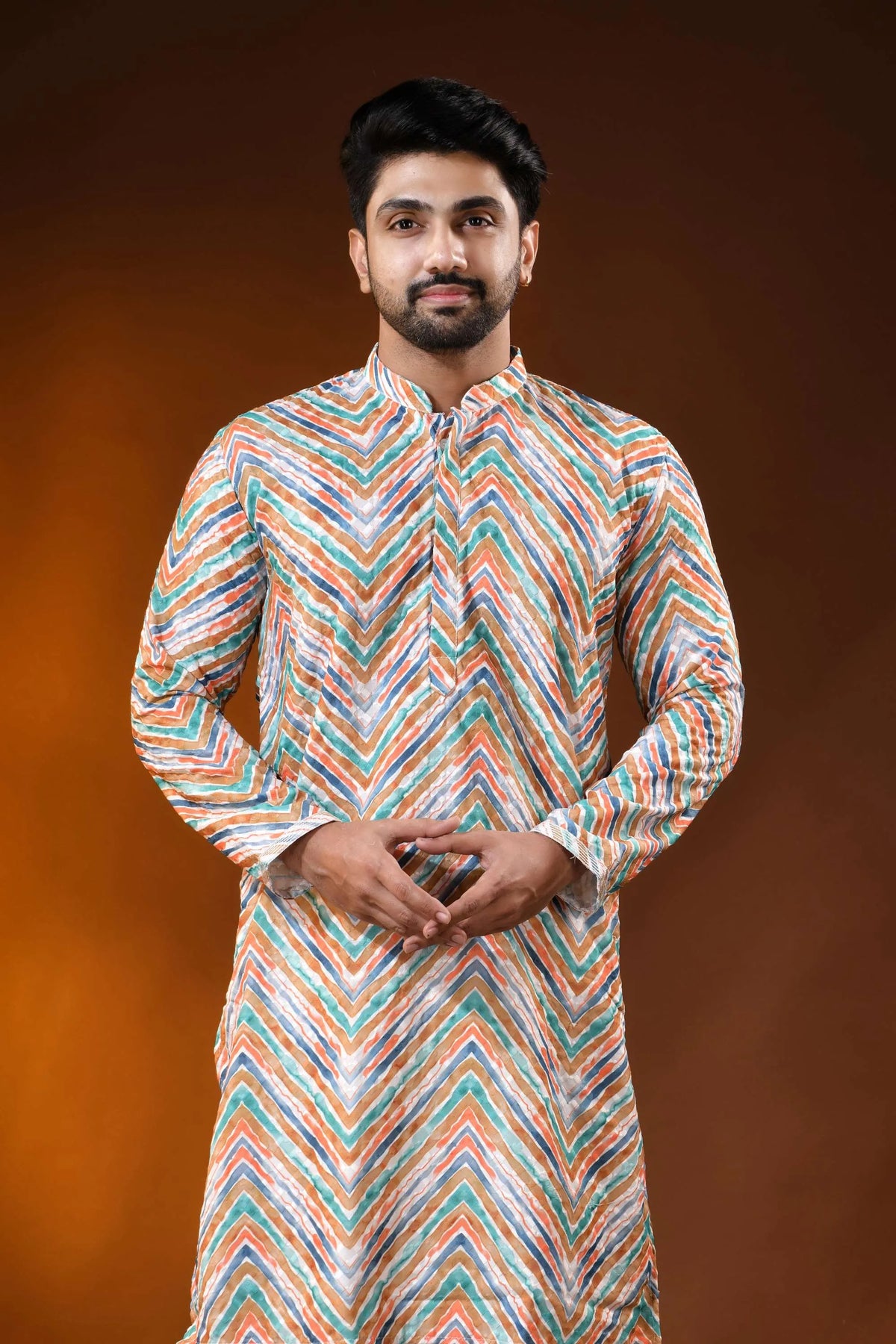 Multicolor pure cotton chikankari digital print kurta for men 2