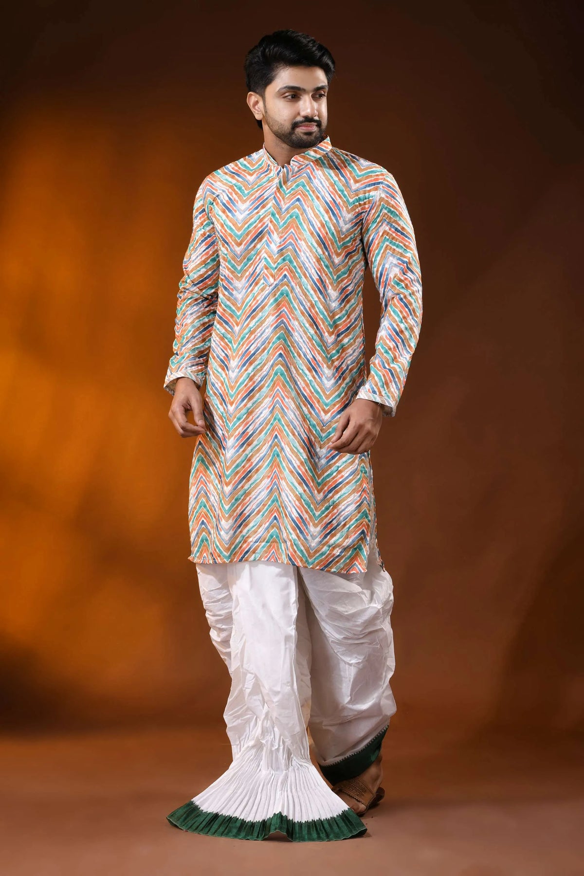 Multicolor pure cotton chikankari digital print kurta for men 3