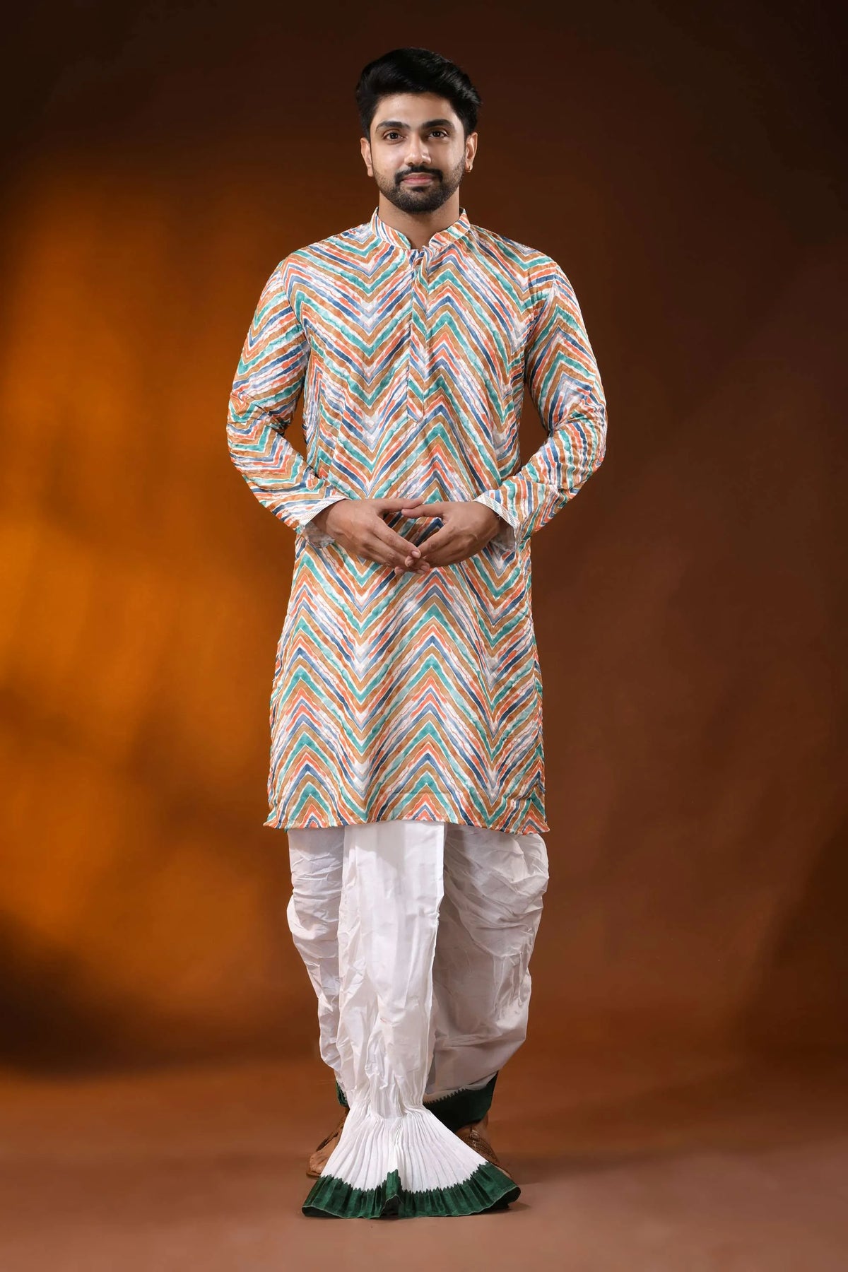 Multicolor pure cotton chikankari digital print kurta for men 6