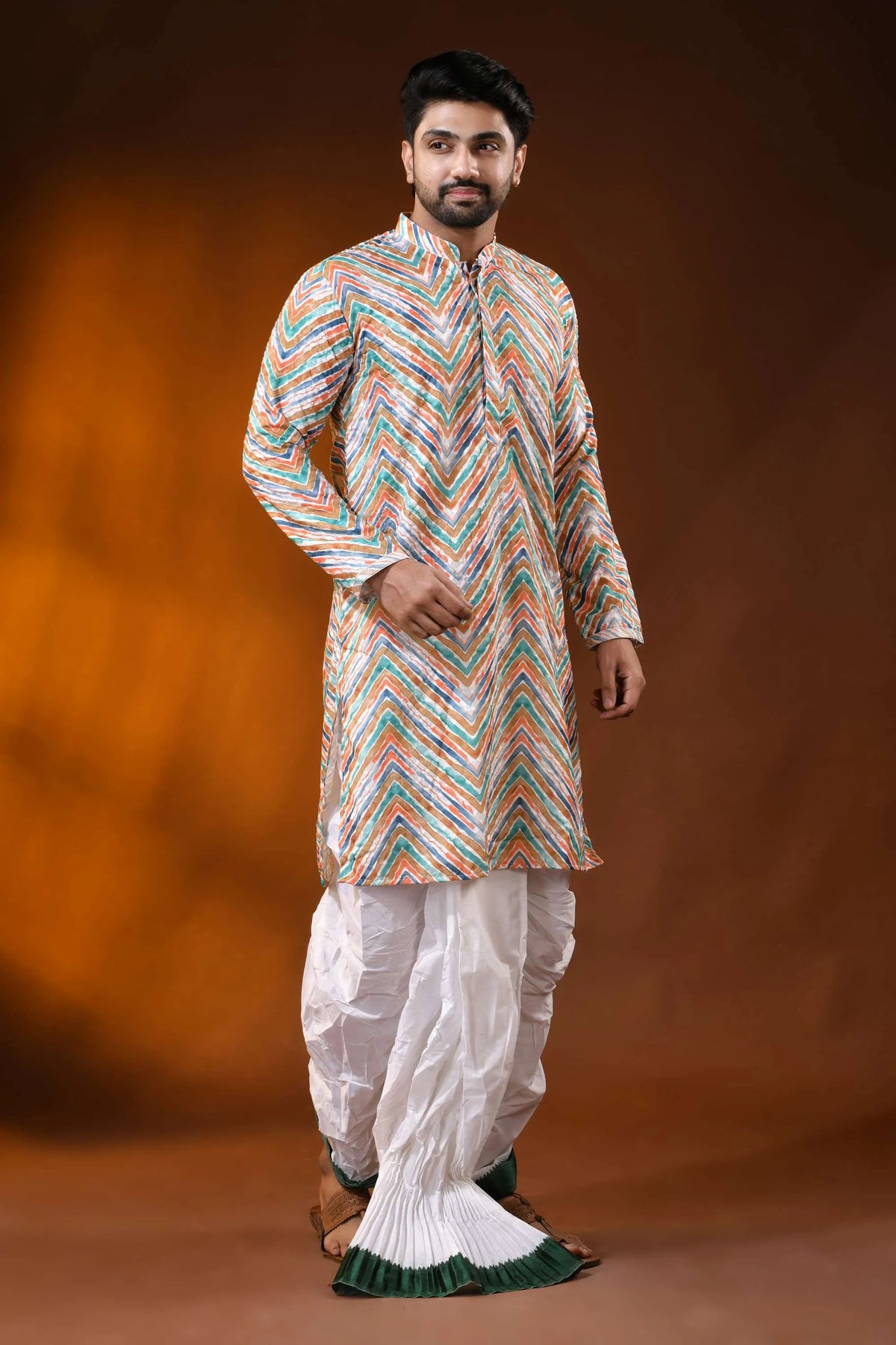 Multicolor pure cotton chikankari digital print kurta for men 4