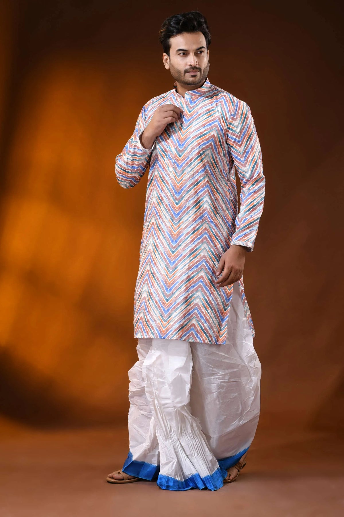 Multicolor pure cotton chikankari digital print punjabi for men 5