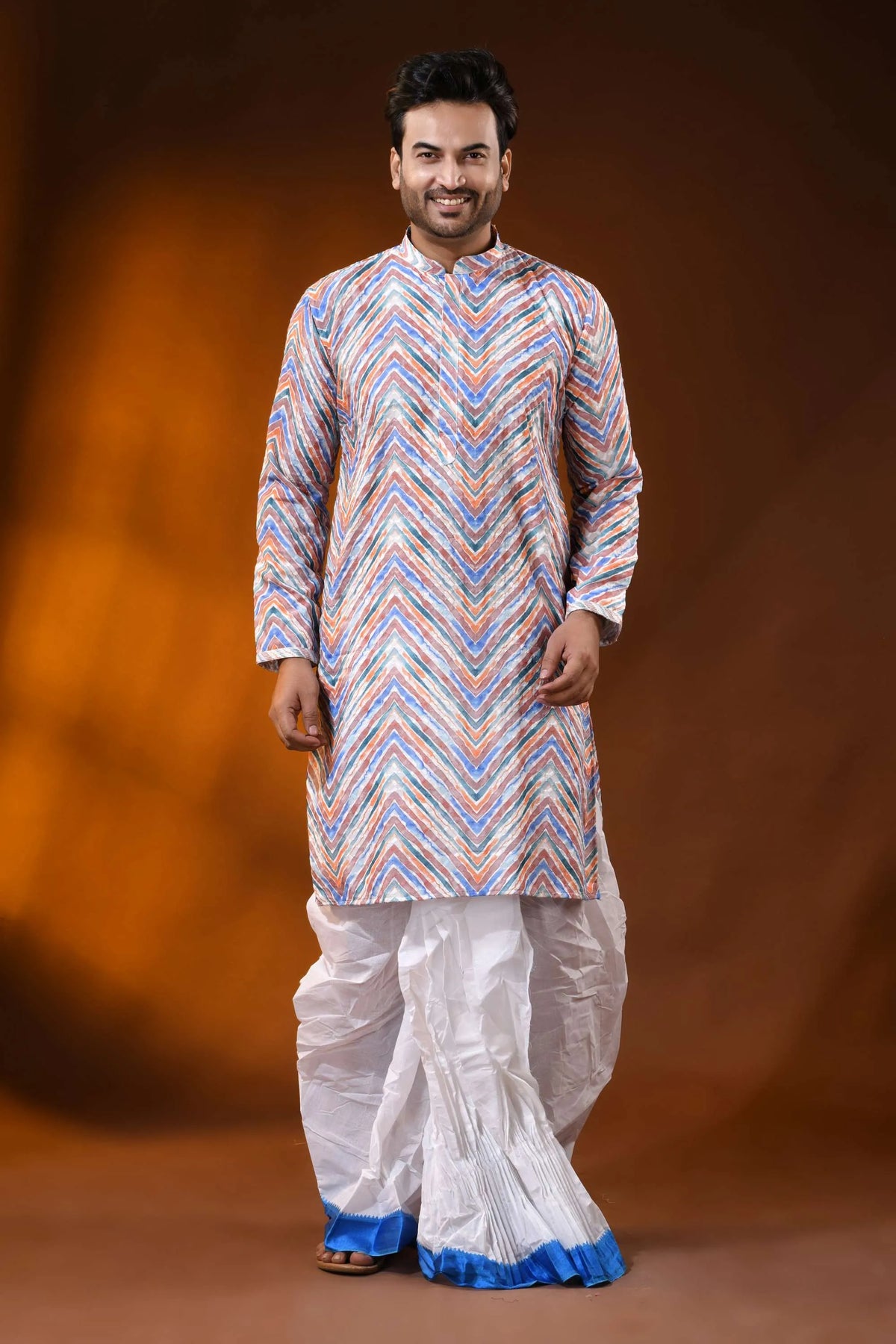 Multicolor pure cotton chikankari digital print punjabi for men 1