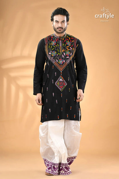 Multicolor thread black kantha hand embroidered men’s kurta men’s black embroidered kurta white 1