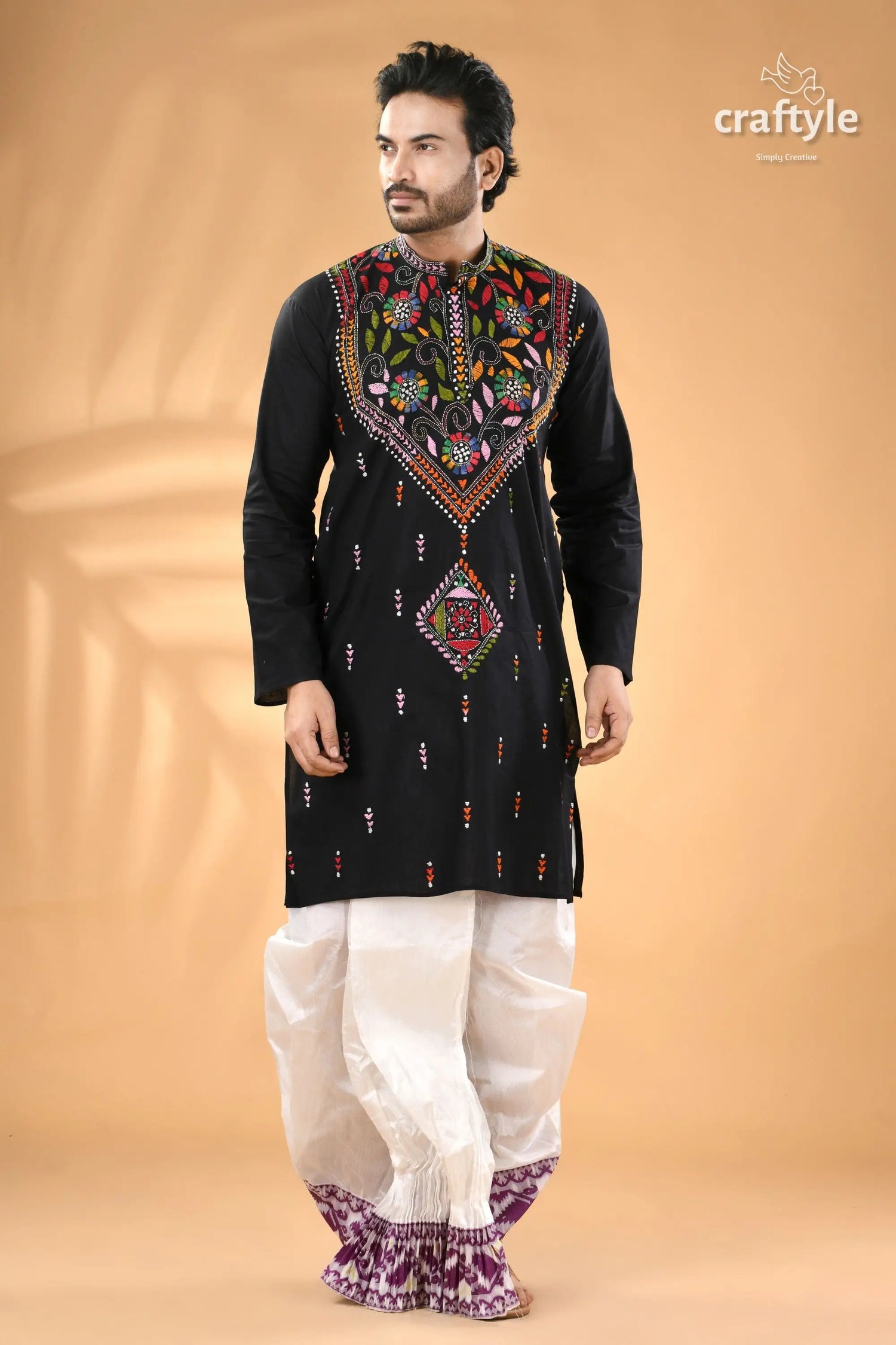 Multicolor thread black kantha hand embroidered men’s kurta men’s black embroidered kurta white 5
