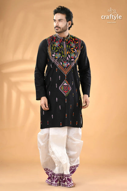 Multicolor thread black kantha hand embroidered men’s kurta men’s black embroidered kurta white 5
