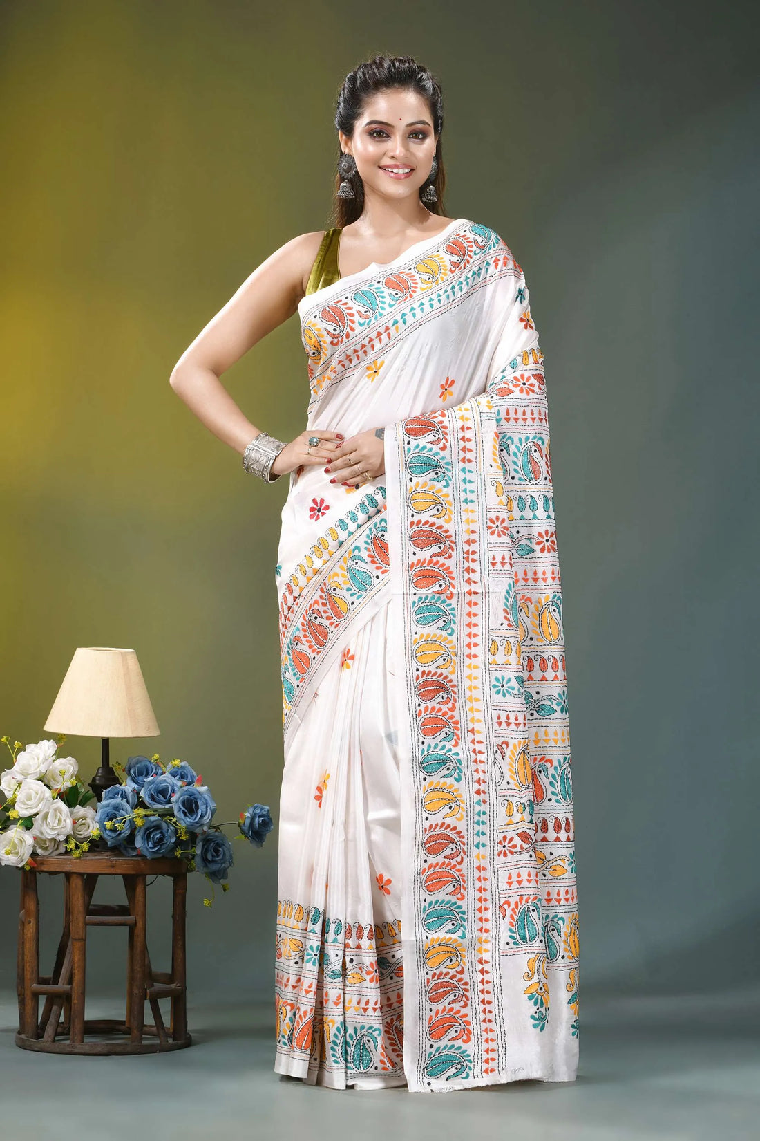 Multicolor thread ethnic silk kantha stitch saree in white white saree adorned vibrant colorful 1
