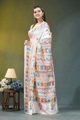 Multicolor thread ethnic silk kantha stitch saree in white woman wears white saree adorned 7