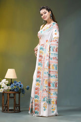 Multicolor thread ethnic silk kantha stitch saree in white white saree intricate multicolored embroidery 3