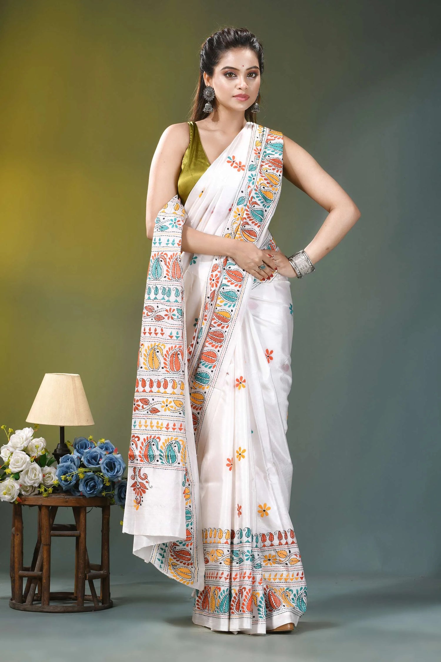 Multicolor thread ethnic silk kantha stitch saree in white white saree intricate colorful hand-embroidered 5