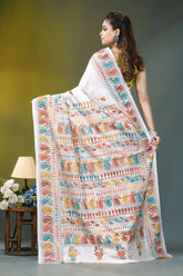 Multicolor thread ethnic silk kantha stitch saree in white white banarasi saree intricate colorful 4
