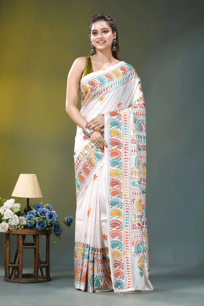 Multicolor thread ethnic silk kantha stitch saree in white white silk saree adorned vibrant 6