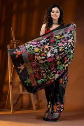 Multicolor thread floral design ebony black silk kantha saree 4