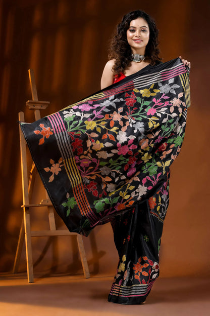 Multicolor thread floral design ebony black silk kantha saree 4