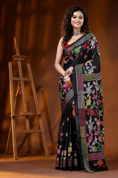 Multicolor thread floral design ebony black silk kantha saree 6