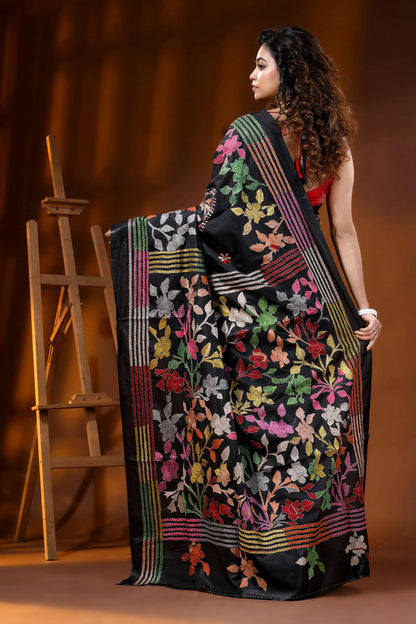 Multicolor thread floral design ebony black silk kantha saree 5