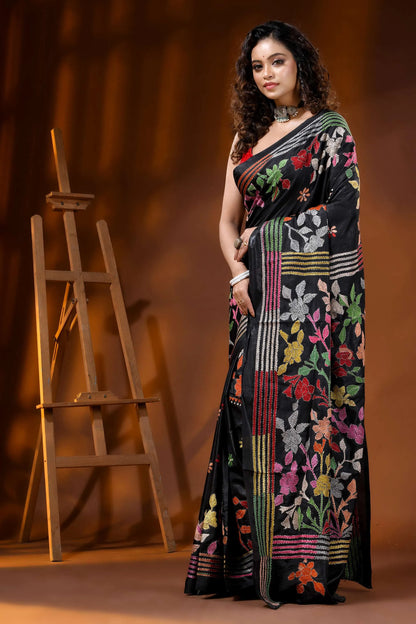 Multicolor thread floral design ebony black silk kantha saree 3
