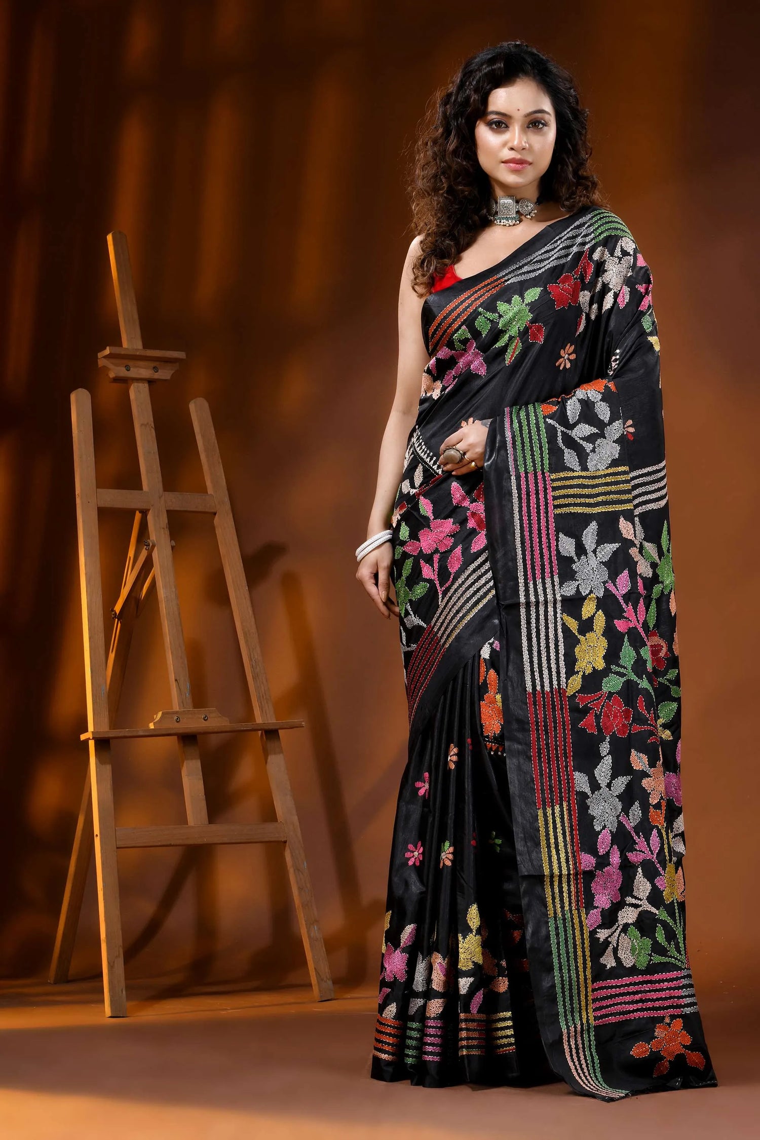 Multicolor thread floral design ebony black silk kantha saree 1