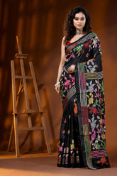 Multicolor thread floral design ebony black silk kantha saree 1