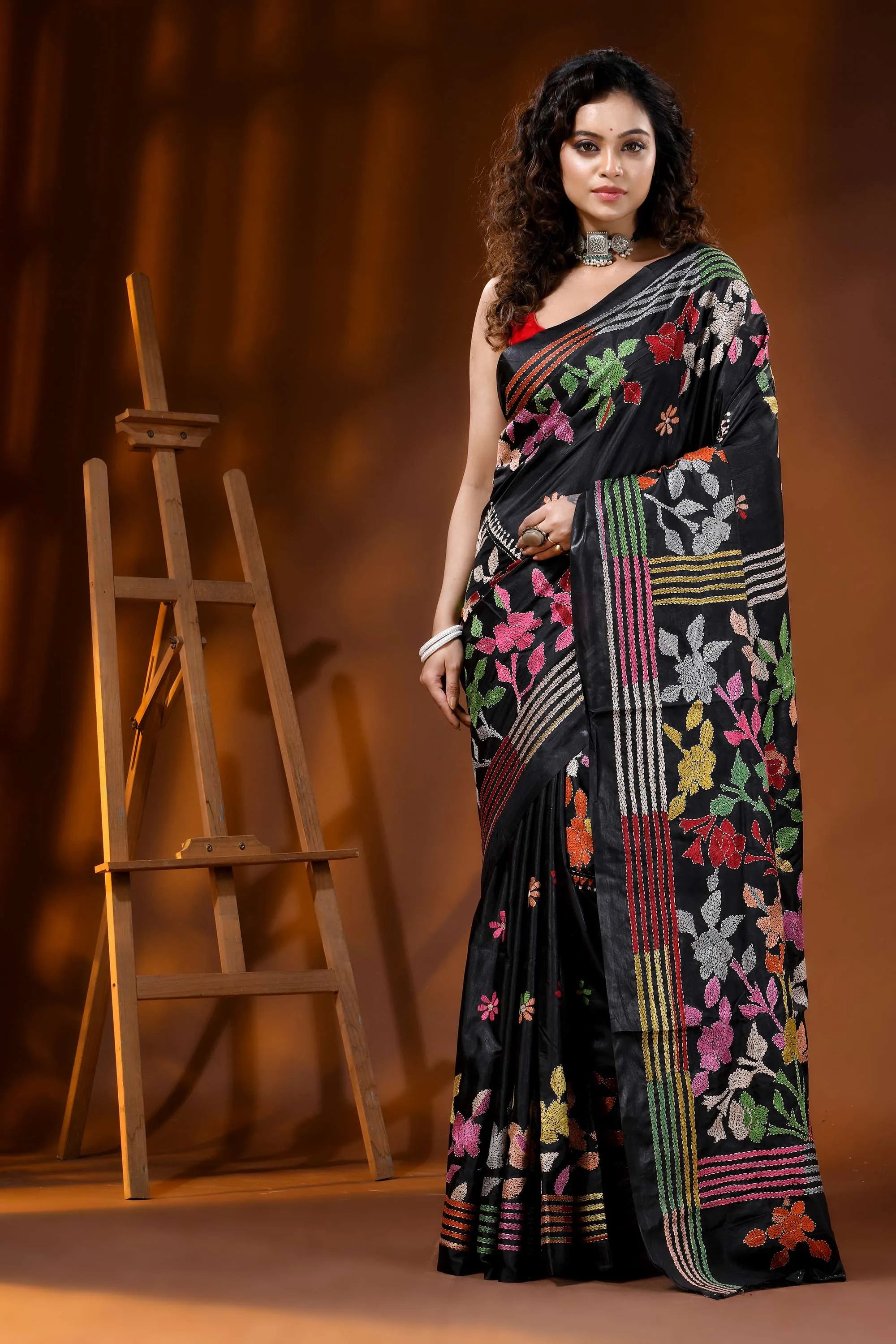 Multicolor thread floral design ebony black silk kantha saree 1