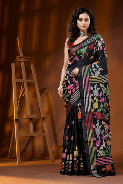 Multicolor thread floral design ebony black silk kantha saree 1