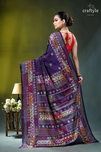Multicolor thread hand embroidered silk lambani saree - violent violet purple saree intricate geometric floral 5