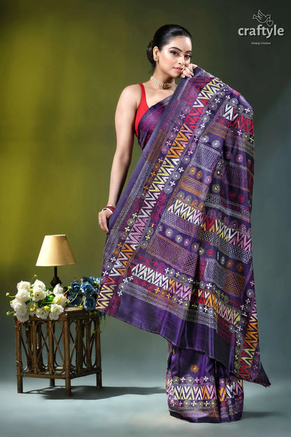 Multicolor thread hand embroidered silk lambani saree - violent violet purple silk saree intricate geometric 4