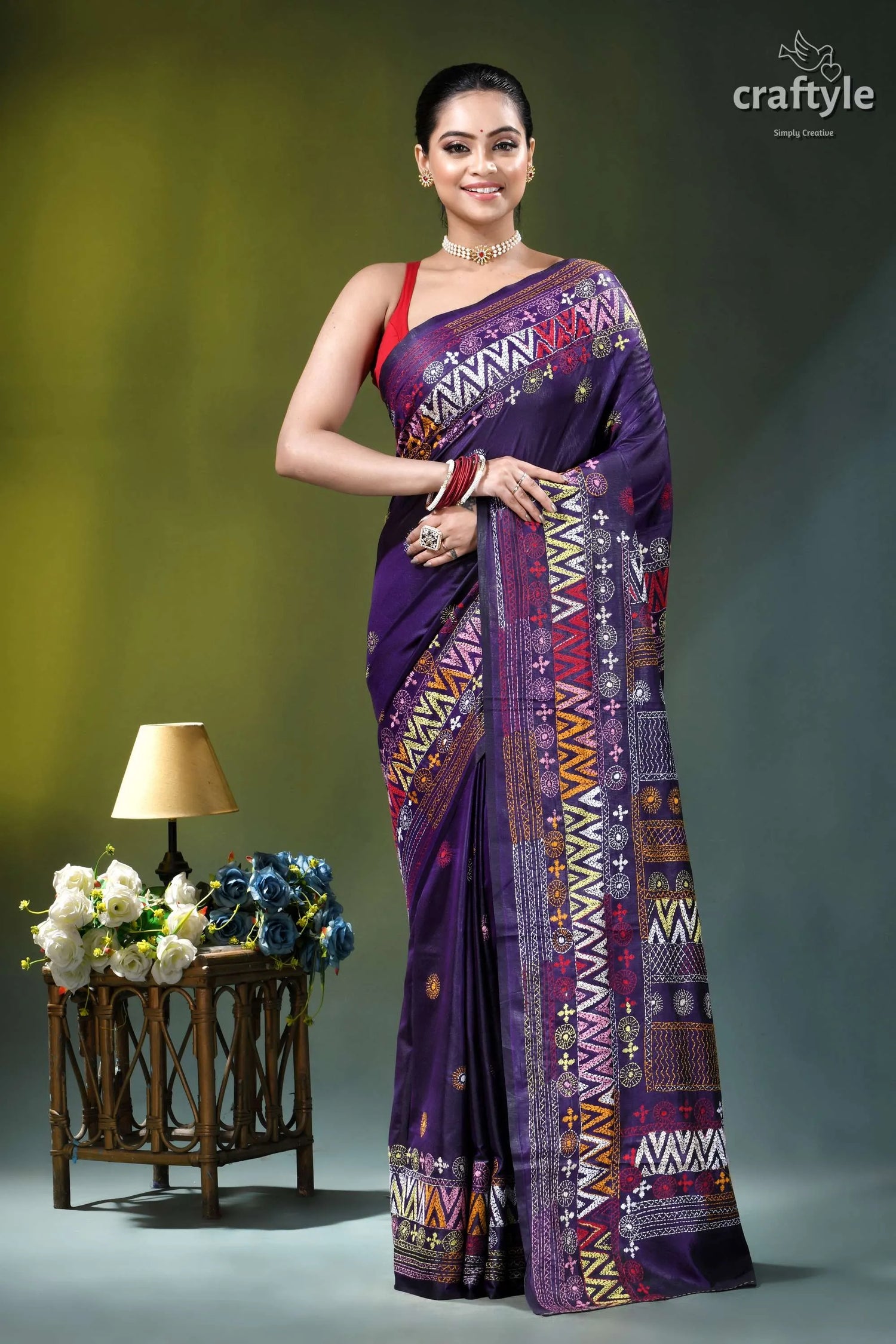 Multicolor thread hand embroidered silk lambani saree - violent violet purple silk saree intricate geometric 1