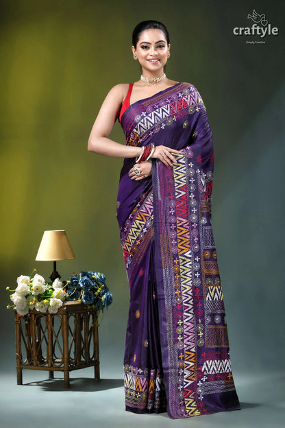Multicolor thread hand embroidered silk lambani saree - violent violet purple silk saree intricate geometric 1