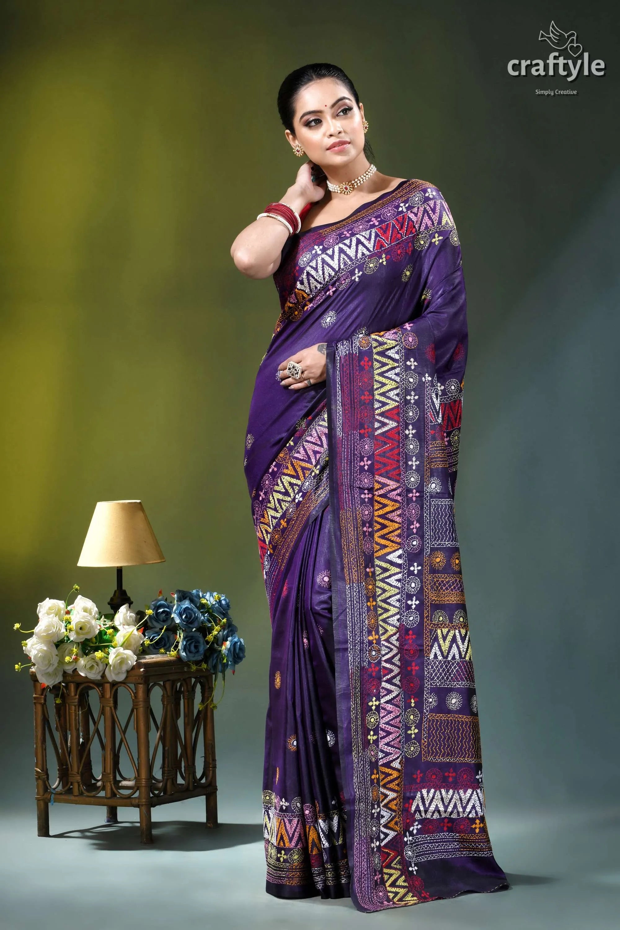 Multicolor thread hand embroidered silk lambani saree - violent violet purple silk saree intricate geometric 6
