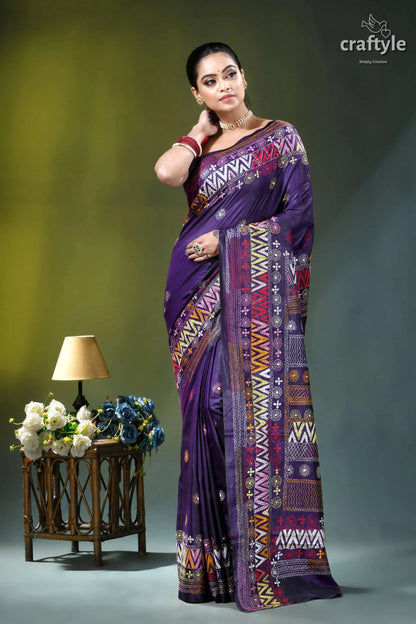 Multicolor thread hand embroidered silk lambani saree - violent violet purple silk saree intricate geometric 6