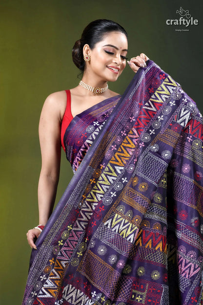 Multicolor thread hand embroidered silk lambani saree - violent violet richly patterned purple saree intricate 2