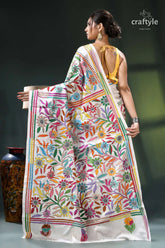Multicolor thread hand embroidered white silk kantha work saree white saree colorful floral embroidery 4