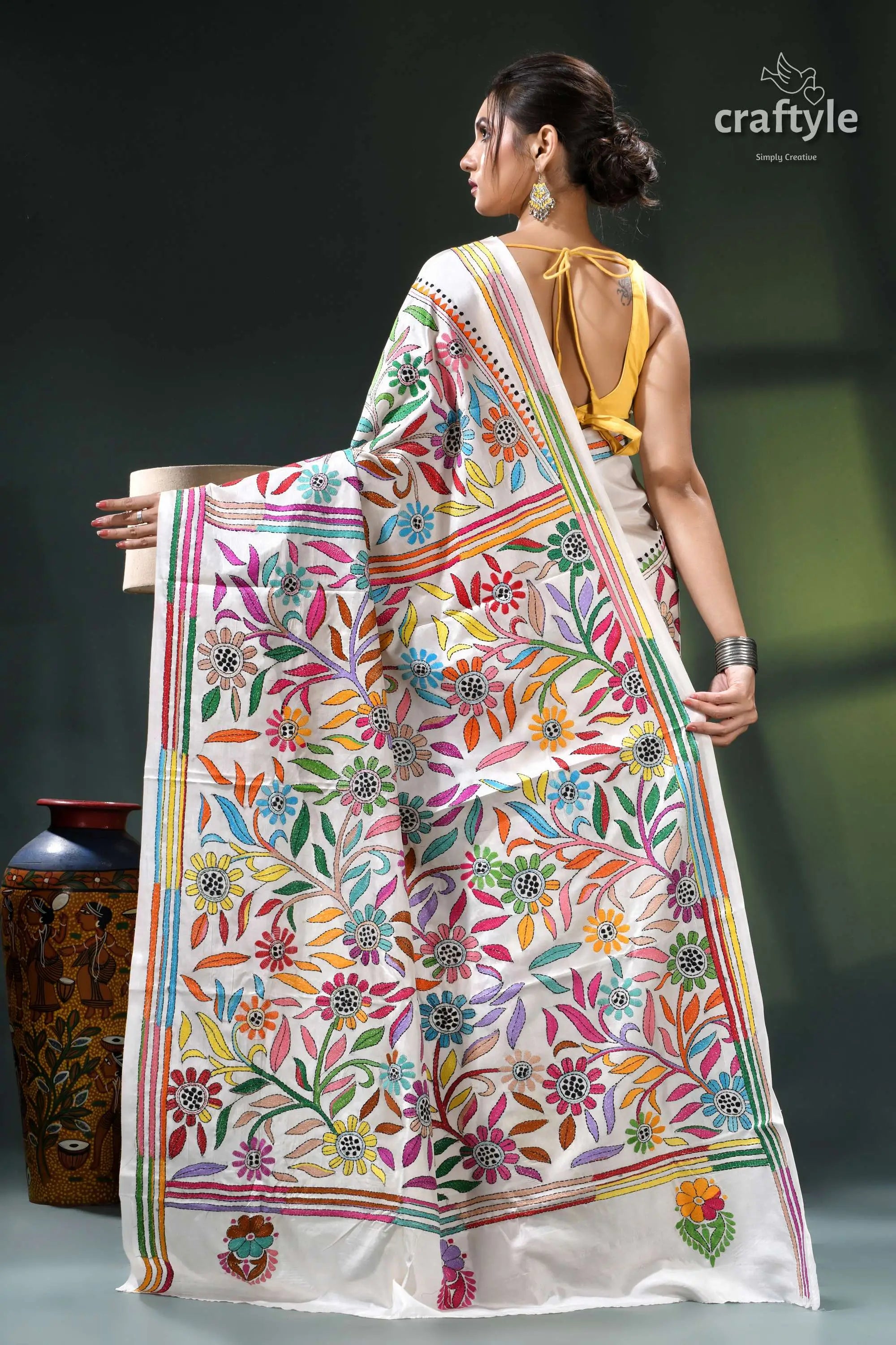 Multicolor thread hand embroidered white silk kantha work saree white saree colorful floral embroidery 4